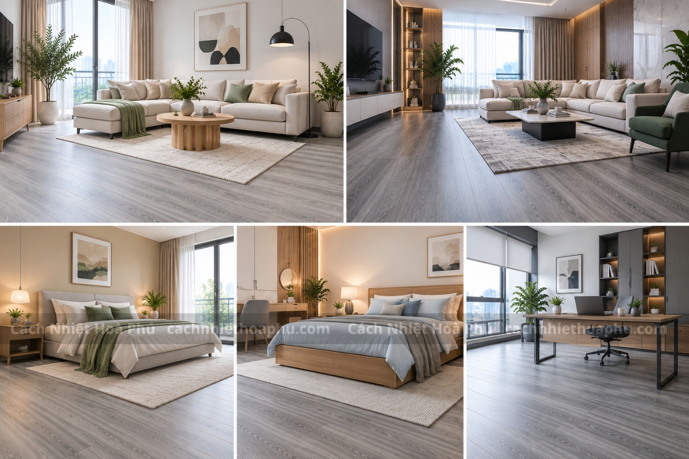 Phối màu sàn nhựa giả gỗ màu xám theo từng không gian